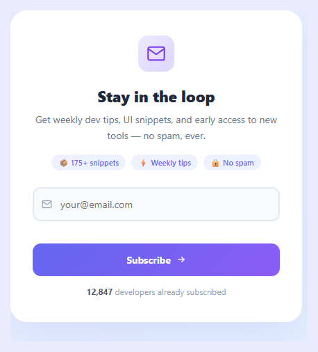 Screenshot of the Newsletter Signup Card snippet rendered live