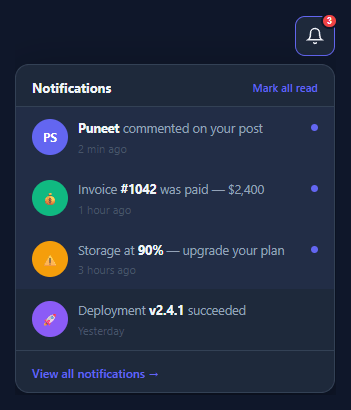 Screenshot of the Notification Bell snippet rendered live