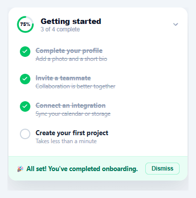 Screenshot of the Onboarding Checklist Widget snippet rendered live