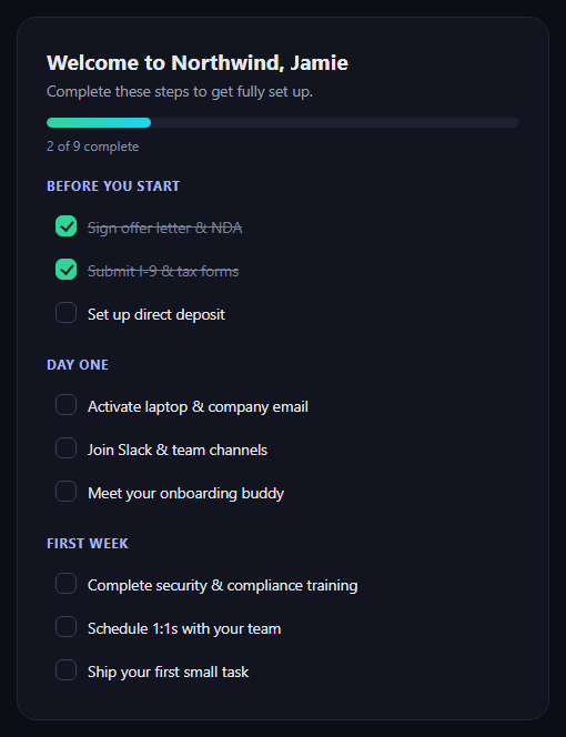 Screenshot of the New Hire Day-One Checklist snippet rendered live
