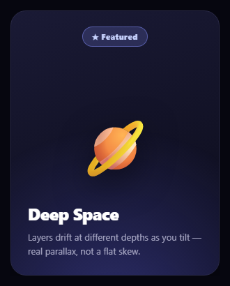 Screenshot of the Parallax Tilt Card snippet rendered live