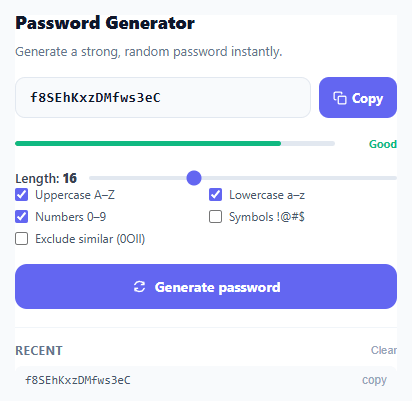 Screenshot of the Password Generator snippet rendered live