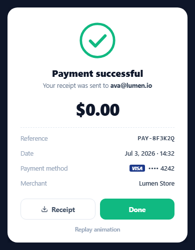 Screenshot of the Payment Success Card snippet rendered live