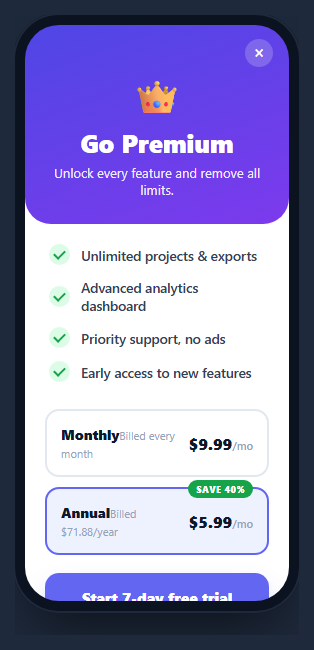 Mobile Paywall Screen
