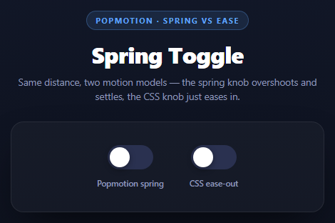 Screenshot of the Popmotion Spring Toggle Switch snippet rendered live