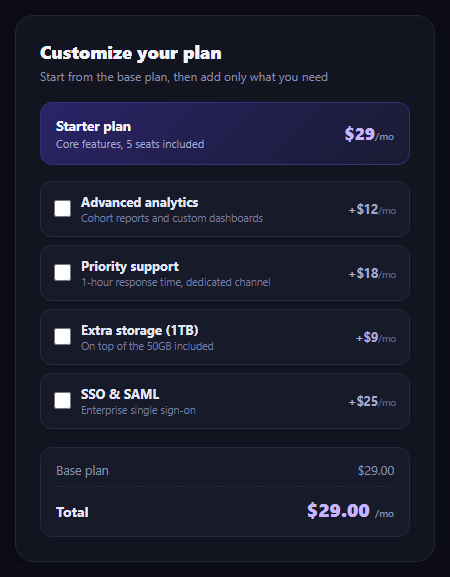 Pricing Add-On Selector