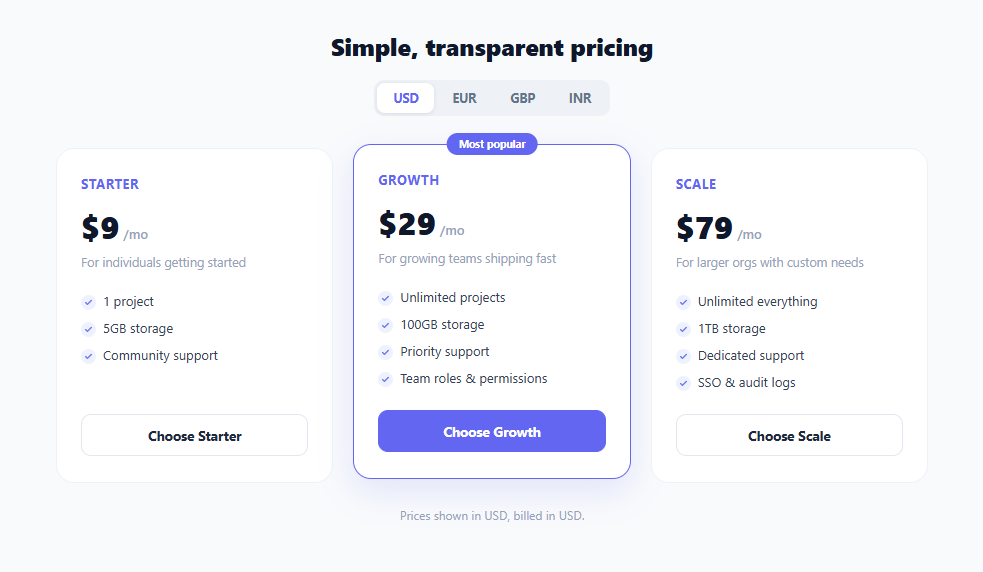 Pricing Card Currency Switcher