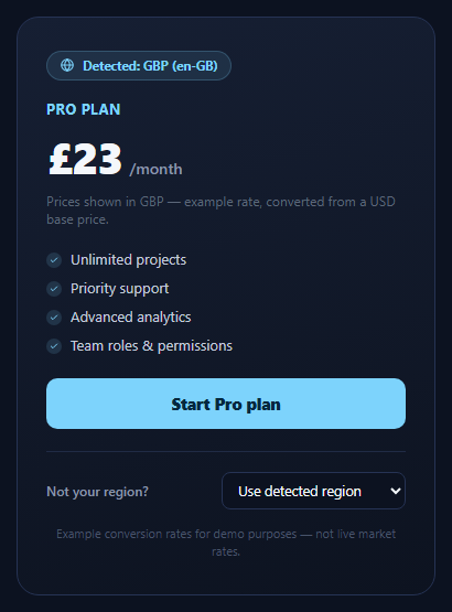 Screenshot of the Auto-Detected Regional Pricing snippet rendered live