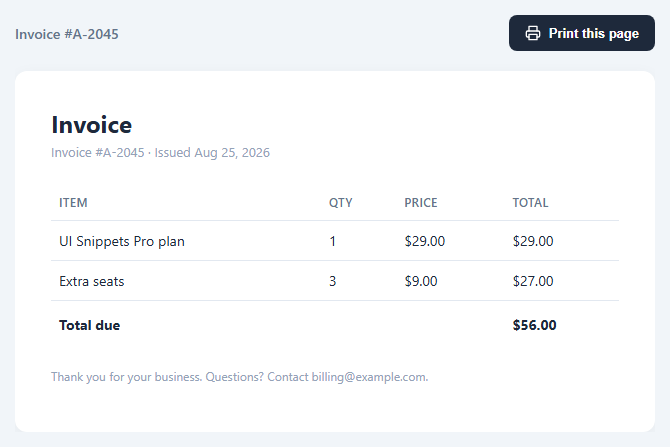 Screenshot of the Print This Page Button snippet rendered live