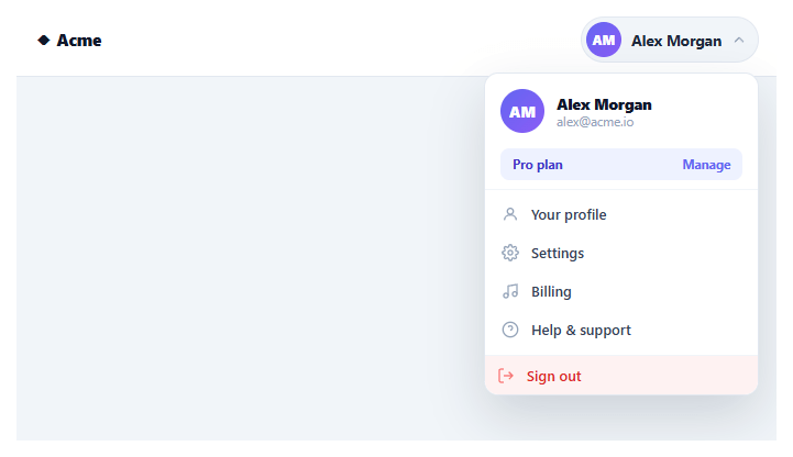 Screenshot of the Profile Dropdown Menu snippet rendered live