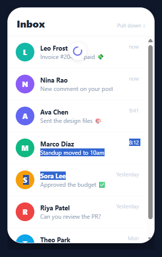 Screenshot of the Pull to Refresh snippet rendered live