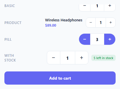 Screenshot of the Quantity Stepper snippet rendered live