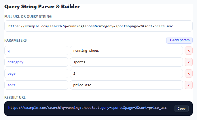 Screenshot of the URL Query String Parser & Builder snippet rendered live