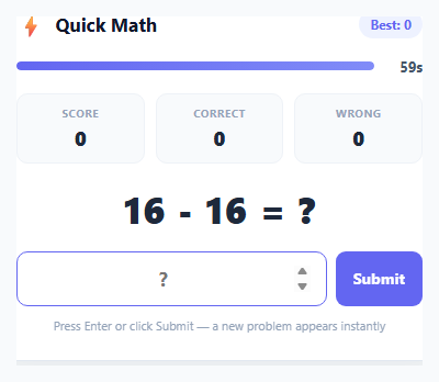 Screenshot of the Quick Math Arithmetic Game snippet rendered live
