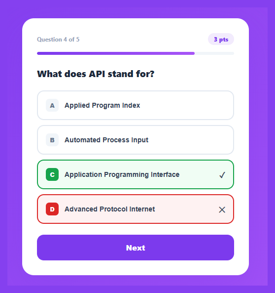 Screenshot of the Quiz Card snippet rendered live