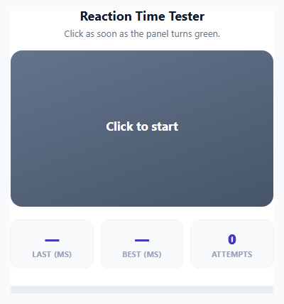 Screenshot of the Reaction Time Tester Game snippet rendered live