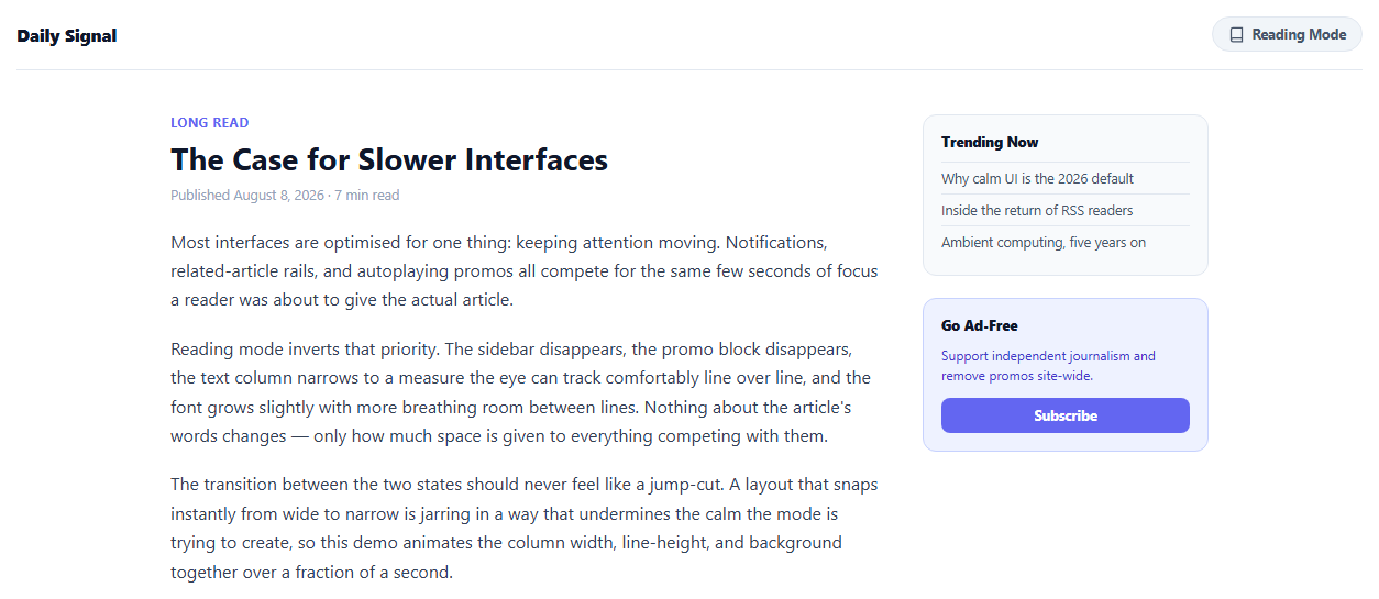 Screenshot of the Distraction-Free Reading Mode Toggle snippet rendered live