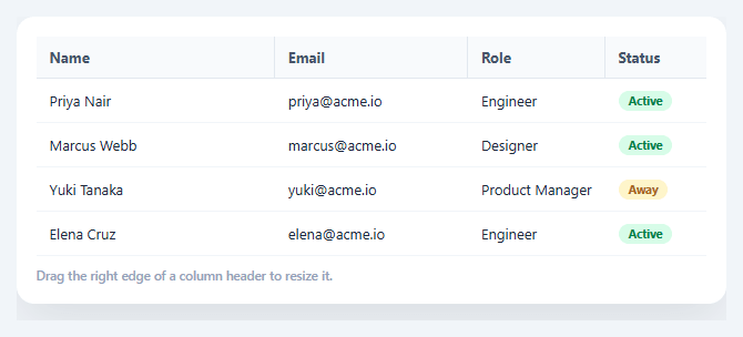 Screenshot of the Resizable Columns Table snippet rendered live