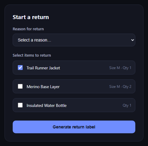 Screenshot of the Return Label Generator snippet rendered live