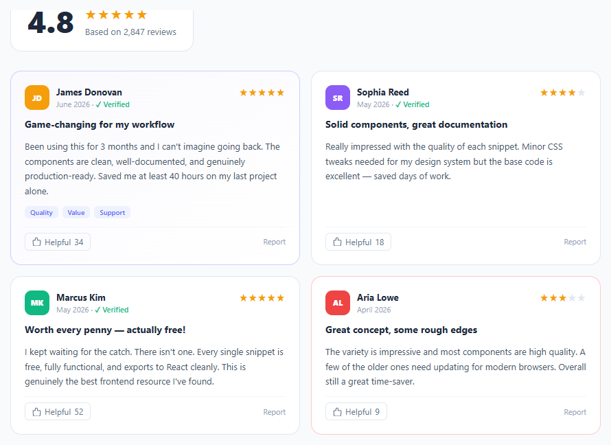 Screenshot of the Customer Review Card snippet rendered live