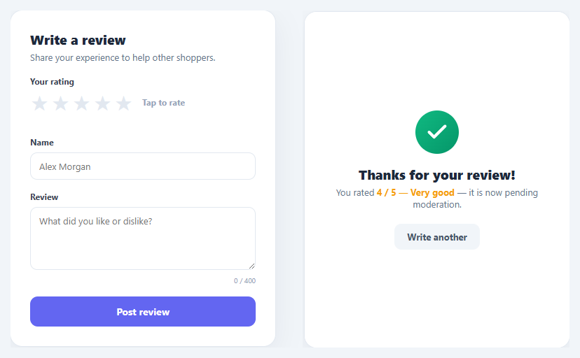 Screenshot of the Review Form snippet rendered live
