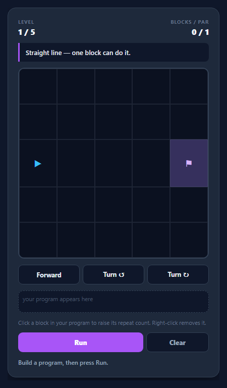 Screenshot of the Robot Loop Programmer Game snippet rendered live
