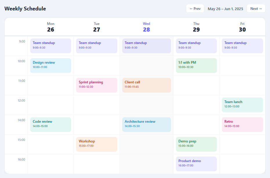 Screenshot of the Schedule / Timetable snippet rendered live