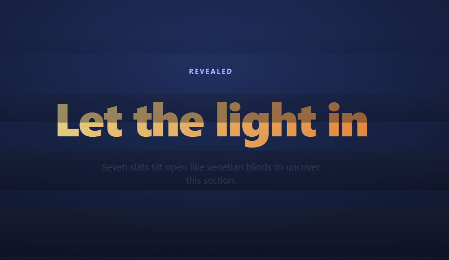 Screenshot of the Scroll Blinds Reveal snippet rendered live