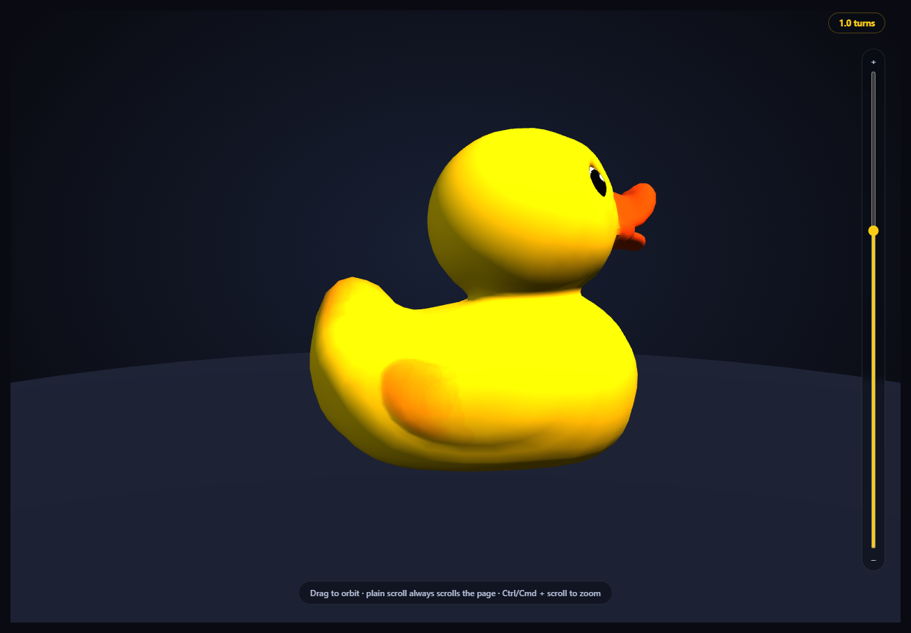 Screenshot of the Scroll-Scrubbed GLB Turntable snippet rendered live