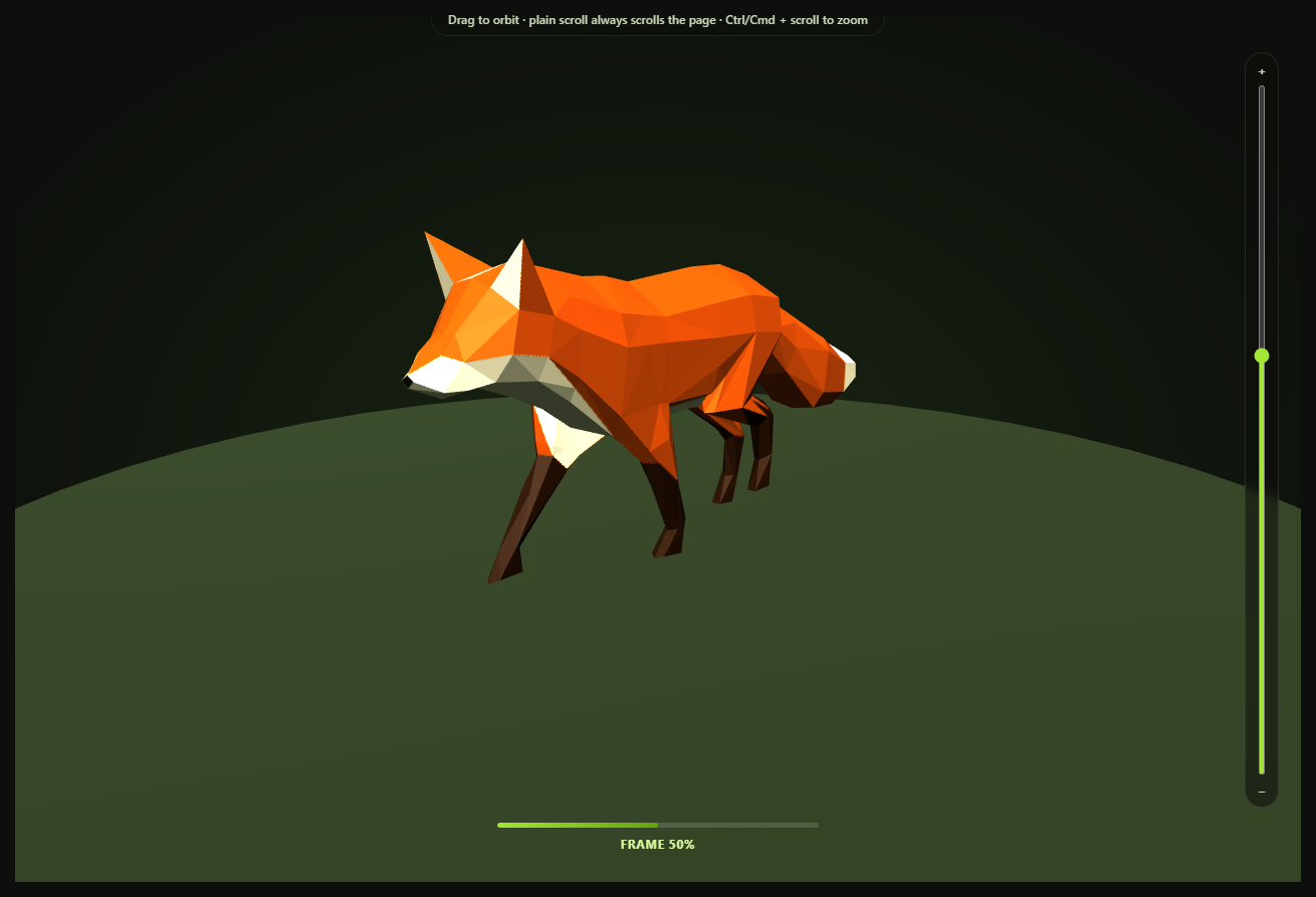 Screenshot of the Scroll-Scrubbed GLB Walk Cycle snippet rendered live