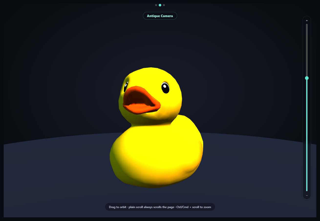 Screenshot of the Scroll-Triggered GLB Model Carousel snippet rendered live