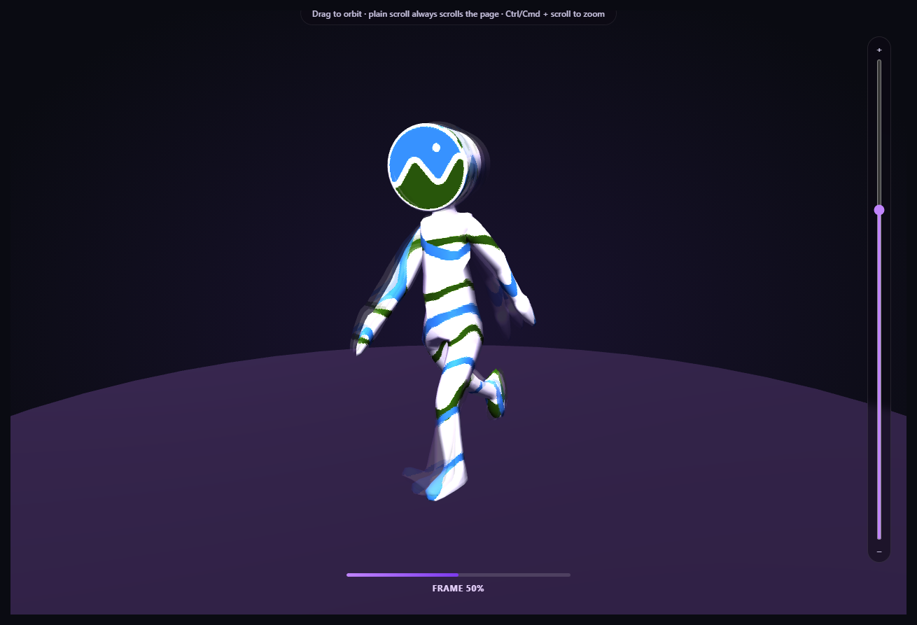 Screenshot of the Scroll-Scrubbed GLB Motion Trail snippet rendered live