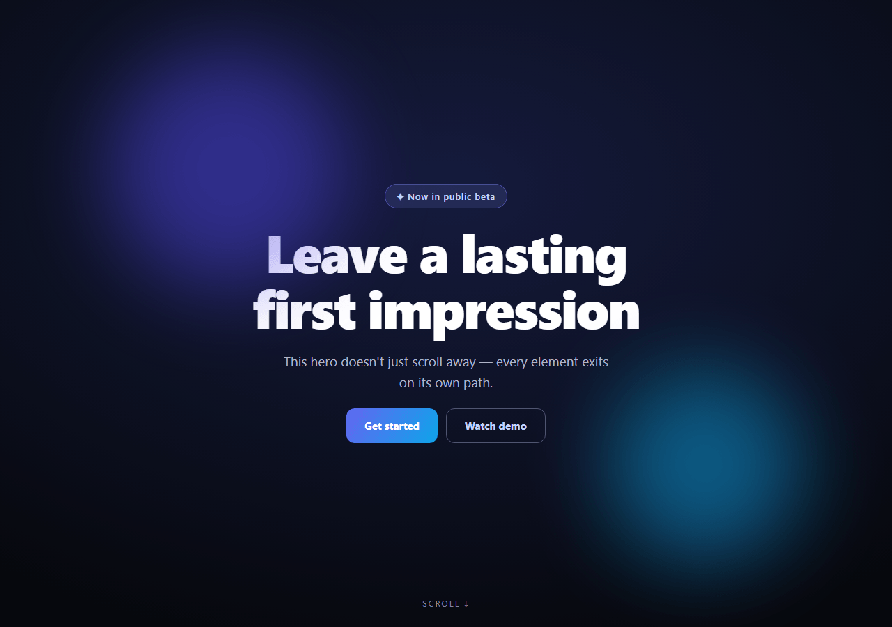 Screenshot of the Scroll Hero Exit snippet rendered live