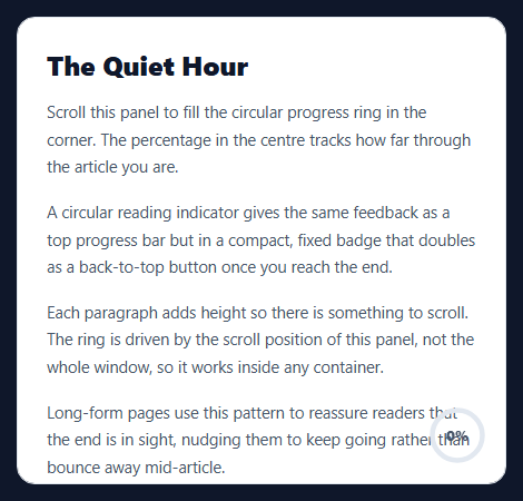 Screenshot of the Scroll Progress Circle snippet rendered live