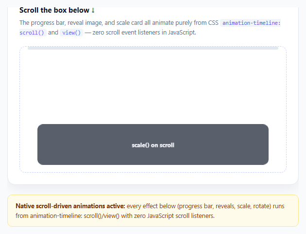 Screenshot of the CSS Scroll-Driven Animations (animation-timeline) Explainer snippet rendered live