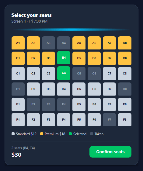 Screenshot of the Seat Picker snippet rendered live