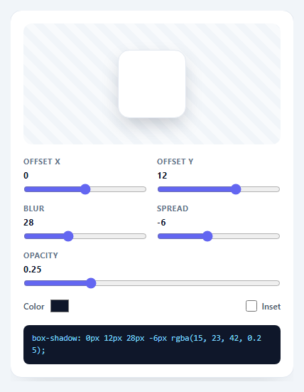 Screenshot of the Box Shadow Generator snippet rendered live