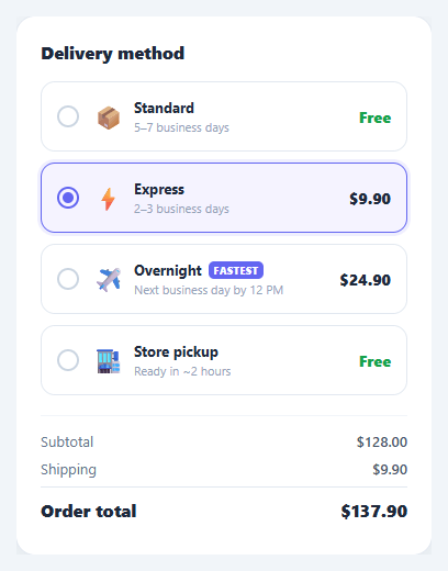 Screenshot of the Shipping Method Selector snippet rendered live