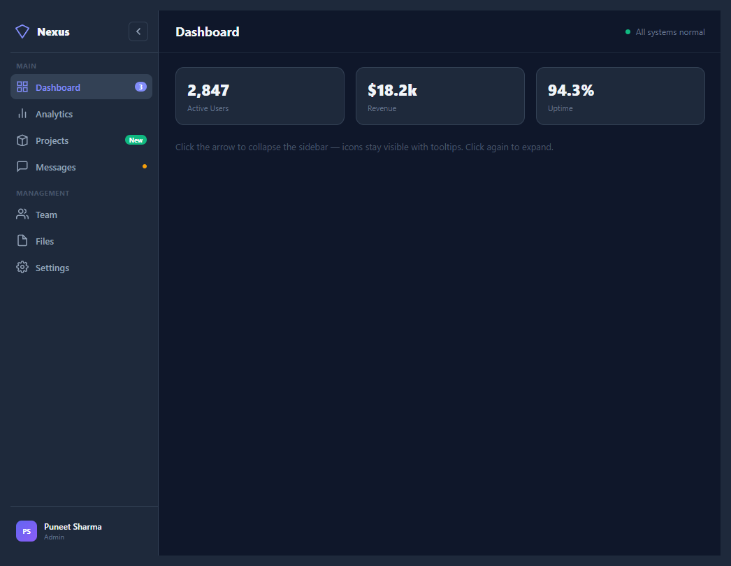 Screenshot of the Collapsible Sidebar Nav snippet rendered live