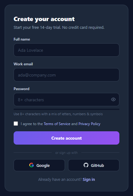 Screenshot of the Signup Form snippet rendered live