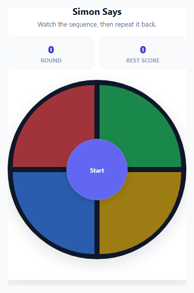 Screenshot of the Simon Says Color Sequence Game snippet rendered live