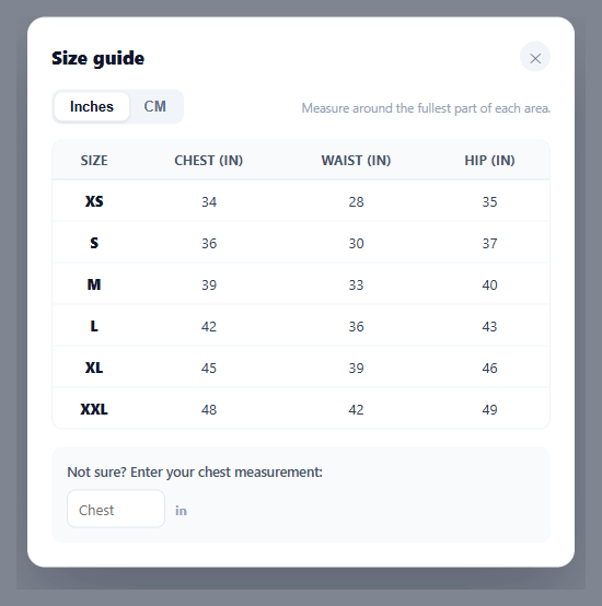 Screenshot of the Size Guide Modal snippet rendered live