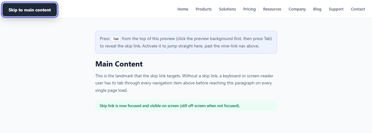 Accessible Skip to Content Link