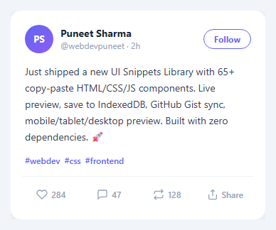 Screenshot of the Social Post Card snippet rendered live