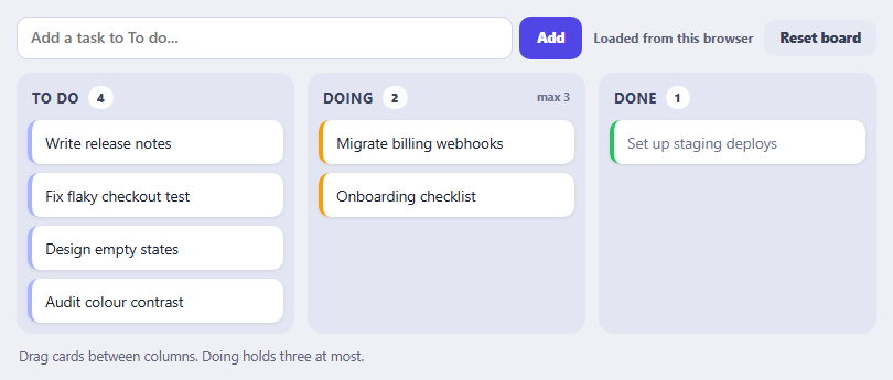 SortableJS Multi-List Kanban with Persistence and WIP Limit
