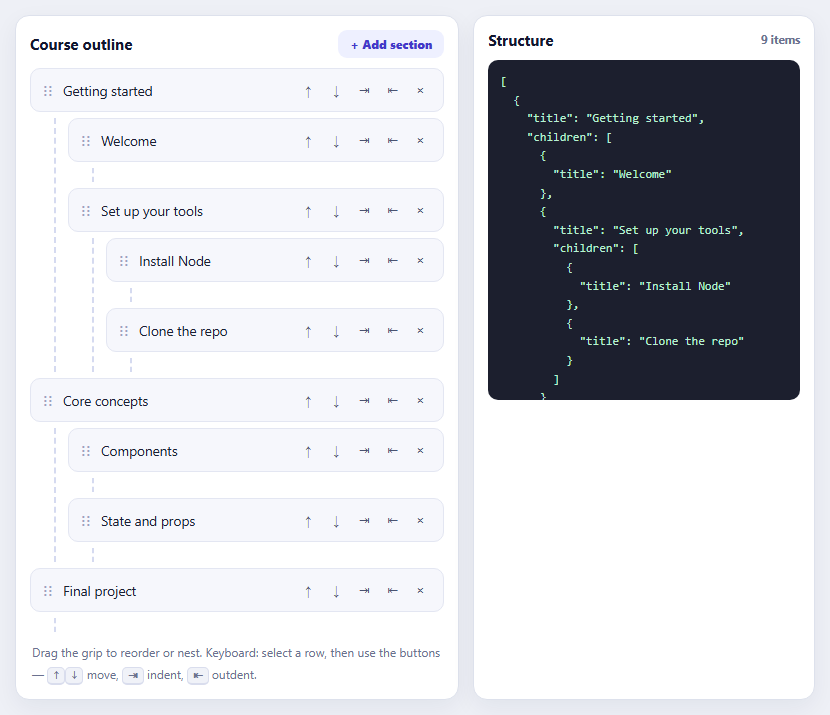SortableJS Nested Sortable Tree with Keyboard Controls