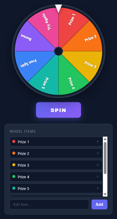 Screenshot of the Spin the Wheel snippet rendered live