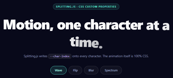 Screenshot of the Splitting.js CSS Stagger snippet rendered live