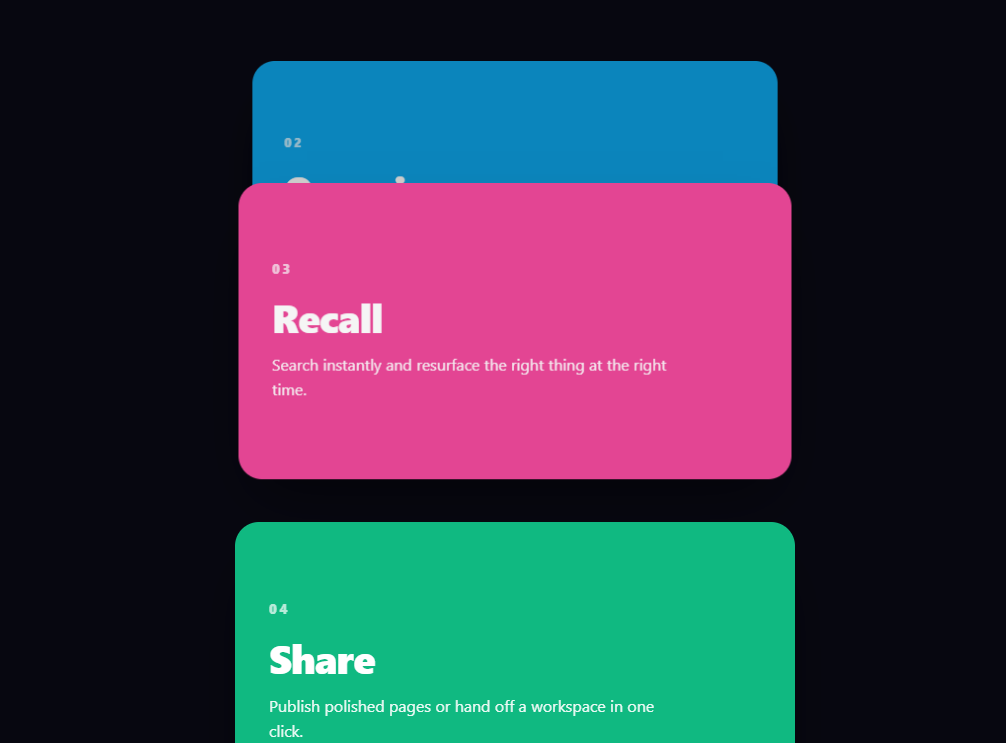 Screenshot of the Stacking Scroll Cards snippet rendered live