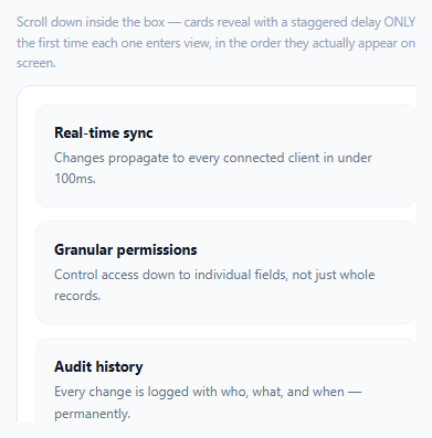 Screenshot of the Staggered Reveal on Scroll — IntersectionObserver, One Timer snippet rendered live